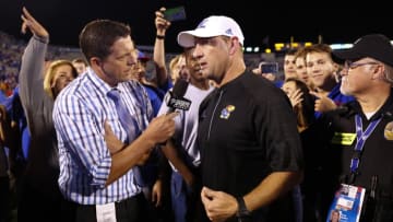 LAWRENCE, KS - SEPTEMBER 03: Head coach David Beaty of the Kansas Jayhawks speaks with the media after defeating the Rhode Island Rams on September 3, 2016 at Memorial Stadium in Lawrence, Kansas. (Photo by Kyle Rivas/Getty Images) David Beaty