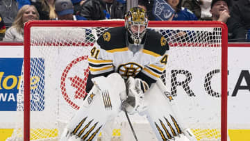 VANCOUVER, BC - FEBRUARY 22: Goalie Jaroslav Halak #41 of the Boston Bruins during NHL action against the Vancouver Canucks at Rogers Arena on February 22, 2020 in Vancouver, Canada. (Photo by Rich Lam/Getty Images)