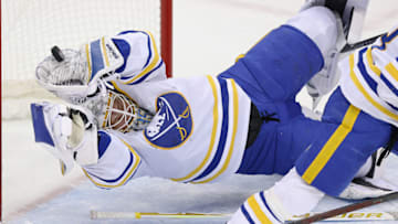 Feb 23, 2021; Newark, New Jersey, USA; Buffalo Sabres goaltender Linus Ullmark (35) makes save during the third period against the New Jersey Devils at Prudential Center. Mandatory Credit: Vincent Carchietta-USA TODAY Sports