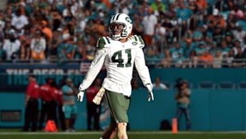 Nov 6, 2016; Miami Gardens, FL, USA; New York Jets cornerback Buster Skrine (41) lines up to the line of scrimmage during the second half against the Miami Dolphins at Hard Rock Stadium. The Dolphins won 27-23. Mandatory Credit: Steve Mitchell-USA TODAY Sports