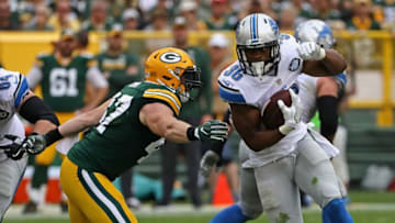 GREEN BAY, WI - SEPTEMBER 25: Dwayne Washington #36 of the Detroit Lions moves around Jake Ryan #47 of the Green Bay Packers at Lambeau Field on September 25, 2016 in Green Bay, Wisconsin. The Packers defeated the Lions 34-27. (Photo by Jonathan Daniel/Getty Images)