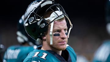 NEW ORLEANS, LA - NOVEMBER 18: Carson Wentz #11 of the Philadelphia Eagles on the sidelines during a game against the New Orleans Saints at Mercedes-Benz Superdome on November 18, 2018 in New Orleans, Louisiana. The Saints defeated the Eagles 48-7. (Photo by Wesley Hitt/Getty Images)