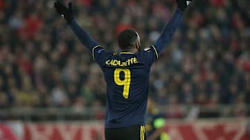 PIRAEUS, GREECE - FEBRUARY 20: Alexandre Lacazette of Arsenal FC reacts during the UEFA Europa League round of 32 first leg match between Olympiacos FC and Arsenal FC at Karaiskakis Stadium on February 20, 2020 in Piraeus, Greece. (Photo by MB Media/Getty Images)