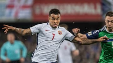 BELFAST, NORTHERN IRELAND - MARCH 26: Joshua King of Norway during the FIFA 2018 World Cup Qualifier between Northern Ireland and Norway at Windsor Park on March 26, 2017 in Belfast, Northern Ireland. (Photo by Trond Tandberg/Getty Images)