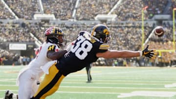 IOWA CITY, IOWA- OCTOBER 20: Defensive back Marcus Lewis #8 of the Maryland Terrapins breaks up a pass in the first half intended for tight end TJ Hockenson #38 of the Iowa Hawkeyes, on October 20, 2018 at Kinnick Stadium, in Iowa City, Iowa. (Photo by Matthew Holst/Getty Images)