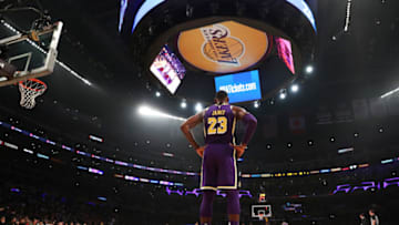 LOS ANGELES, CALIFORNIA - FEBRUARY 27: LeBron James #23 of the Los Angeles Lakers looks on against the New Orleans Pelicans during the first half at Staples Center on February 27, 2019 in Los Angeles, California. NOTE TO USER: User expressly acknowledges and agrees that, by downloading and or using this photograph, User is consenting to the terms and conditions of the Getty Images License Agreement. (Photo by Yong Teck Lim/Getty Images)