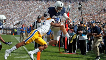 STATE COLLEGE, PA - SEPTEMBER 09: Mike Gesicki #88 of the Penn State Nittany Lions jumps into the end zone for a 10 yard touchdown catch in the first half against Ruben Flowers III #11 of the Pittsburgh Panthers at Beaver Stadium on September 9, 2017 in State College, Pennsylvania. (Photo by Justin K. Aller/Getty Images)