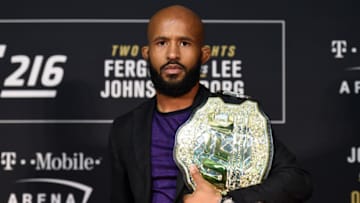 LAS VEGAS, NV - OCTOBER 07: UFC featherweight champion Demetrious Johnson poses for a picture during the UFC 216 event inside TMobile Arena on October 7, 2017 in Las Vegas, Nevada. (Photo by Brandon Magnus/Zuffa LLC/Zuffa LLC via Getty Images)