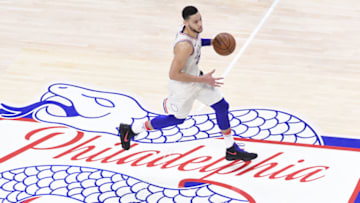 PHILADELPHIA, PA - APRIL 16: Ben Simmons #25 of the Philadelphia 76ers handles the ball during the game against the Miami Heat in game two of round one of the 2018 NBA Playoffs on April 16, 2018 at the Wells Fargo Center in Philadelphia, Pennsylvania. NOTE TO USER: User expressly acknowledges and agrees that, by downloading and or using this photograph, User is consenting to the terms and conditions of the Getty Images License Agreement. (Photo by Matteo Marchi/Getty Images) *** Local Caption *** Ben Simmons