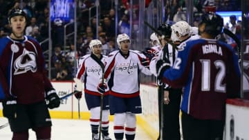 Apr 1, 2016; Denver, CO, USA; Washington Capitals center Jay Beagle (83) celebrates his goal in the second period against the Colorado Avalanche at the Pepsi Center. Mandatory Credit: Ron Chenoy-USA TODAY Sports