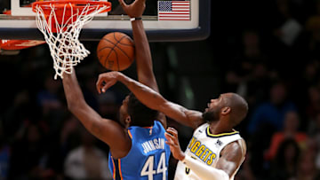 DENVER, CO - OCTOBER 10: Rashawn Thomas #5 of the Denver Nuggets blocks the shot of Dakari Johnson #44 of the Oklahoma City Thunder at the Pepsi Center on October 10, 2017 in Denver, Colorado. (Photo by Matthew Stockman/Getty Images)
