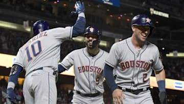 SAN FRANCISCO, CA - AUGUST 06: Marwin Gonzalez #9, Yuli Gurriel #10 and Alex Bregman #2 of the Houston Astros (Photo by Thearon W. Henderson/Getty Images)