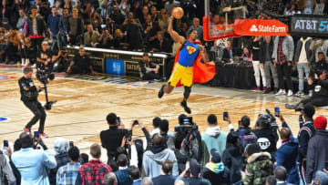 February 15, 2020; Chicago, Illinois, USA; Los Angeles Lakers player Dwight Howard in the slam dunk contest during NBA All Star Saturday Night at United Center. Mandatory Credit: Kyle Terada-USA TODAY Sports