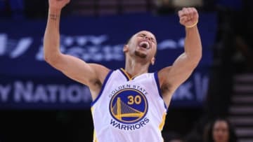 November 1, 2014; Oakland, CA, USA; Golden State Warriors guard Stephen Curry (30) celebrates during the fourth quarter against the Los Angeles Lakers at Oracle Arena. The Warriors defeated the Lakers 127-104. Mandatory Credit: Kyle Terada-USA TODAY Sports