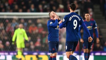 STOKE ON TRENT, ENGLAND - JANUARY 21: Wayne Rooney of Manchester United (C) celebrates scoring his sides first goal with Zlatan Ibrahimovic of Manchester United (R) during the Premier League match between Stoke City and Manchester United at Bet365 Stadium on January 21, 2017 in Stoke on Trent, England. Wayne Rooney scores his 250th goal for Manchester United in all competitions, which makes him the club's top goal scorer of all time. He surpasses the record previously held by Sir Bobby Charlton. (Photo by Laurence Griffiths/Getty Images)