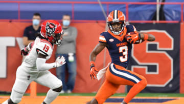 Auburn footballNov 28, 2020; Syracuse, New York, USA; Syracuse Orange wide receiver Taj Harris (3) runs from North Carolina State Wolfpack defensive back Joshua Pierre-Louis (19) after making a catch in the second quarter at the Carrier Dome. Mandatory Credit: Mark Konezny-USA TODAY Sports
