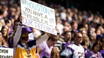 Oct 9, 2016; Minneapolis, MN, USA; A Minnesota Vikings fan holds up a sign for the defense during the second quarter against the Houston Texans at U.S. Bank Stadium. The Vikings defeated the Texans 31-13. Mandatory Credit: Brace Hemmelgarn-USA TODAY Sports