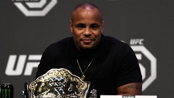 LAS VEGAS, NV - DECEMBER 29: UFC light heavyweight champion Daniel Cormier interacts with media during the UFC 220 press conference inside T-Mobile Arena on December 29, 2017 in Las Vegas, Nevada. (Photo by Jeff Bottari/Zuffa LLC/Zuffa LLC via Getty Images)