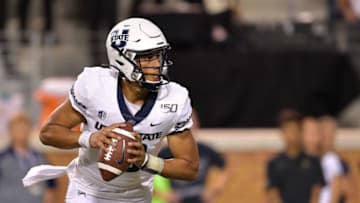WINSTON SALEM, NORTH CAROLINA - AUGUST 30: Jordan Love #10 of the Utah State Aggies against the Wake Forest Demon Deacons during their game at BB&T Field on August 30, 2019 in Winston Salem, North Carolina. Wake Forest won 38-35. (Photo by Grant Halverson/Getty Images)