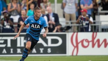 Jul 29, 2015; Denver, CO, USA; Tottenham Hotspur defender Toby Alderweireld (4) during the first half of the 2015 MLS All Star Game against the MLS All Stars at Dick's Sporting Goods Park. Mandatory Credit: Kyle Terada-USA TODAY Sports