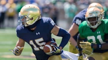 Apr 16, 2016; South Bend, IN, USA; Notre Dame Fighting Irish wide receiver Corey Holmes (15) runs in the third quarter of the Blue-Gold Game at Notre Dame Stadium. The Blue team defeated the Gold team 17-7. Mandatory Credit: Matt Cashore-USA TODAY Sports