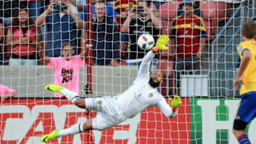 Aug 26, 2016; Sandy, UT, USA; Colorado Rapids goalkeeper Tim Howard (1) stops a penalty kick against the Real Salt Lake during the second half at Rio Tinto Stadium. Real Salt Lake won the game 2-1 and also the Rocky Mountain Cup. Mandatory Credit: Chris Nicoll-USA TODAY Sports