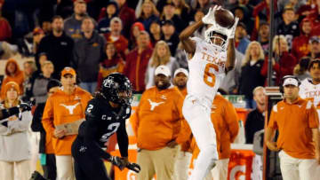 Texas Longhorns wide receiver Joshua Moore (6) makes a catch as the Longhorns take on the Cyclones in Ames, Saturday, Nov. 6, 2021.V6v4756 Jpg