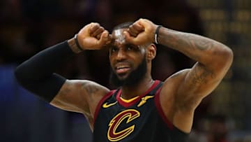 CLEVELAND, OH - APRIL 25: LeBron James #23 of the Cleveland Cavaliers reacts after a missed basket while playing the Indiana Pacers in Game Five of the Eastern Conference Quarterfinals during the 2018 NBA Playoffs at Quicken Loans Arena on April 25, 2018 in Cleveland, Ohio. Cleveland won the game 98-95 to take a 3-2 series lead. NOTE TO USER: User expressly acknowledges and agrees that, by downloading and or using this photograph, User is consenting to the terms and conditions of the Getty Images License Agreement. (Photo by Gregory Shamus/Getty Images)