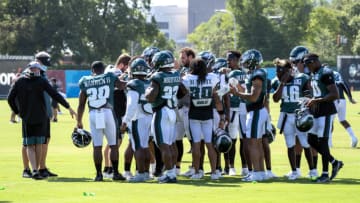PHILADELPHIA, PENNSYLVANIA - AUGUST 18: The Philadelphia Eagles huddle during training camp at NovaCare Complex on August 18, 2020 in Philadelphia, Pennsylvania. (Photo by Chris Szagola-Pool/Getty Images)