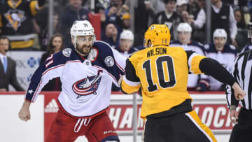 PITTSBURGH, PA - MARCH 07: Pittsburgh Penguins Right Wing Garrett Wilson (10) fights with Columbus Blue Jackets Left Wing Nick Foligno (71) during the second period in the NHL game between the Pittsburgh Penguins and the Columbus Blue Jackets on March 7, 2019, at PPG Paints Arena in Pittsburgh, PA. (Photo by Jeanine Leech/Icon Sportswire via Getty Images)