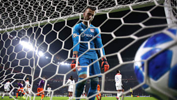 LYON, FRANCE - NOVEMBER 27: Anthony Lopes of Olympique Lyonnais watches on as Sergio Aguero of Manchester City scores his sides second goal during the Group F match of the UEFA Champions League between Olympique Lyonnais and Manchester City at Groupama Stadium on November 27, 2018 in Lyon, France. (Photo by Clive Rose/Getty Images)