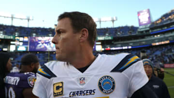 BALTIMORE, MARYLAND - JANUARY 06: Philip Rivers #17 of the Los Angeles Chargers looks on after defeating the Baltimore Ravens after the AFC Wild Card Playoff game at M&T Bank Stadium on January 06, 2019 in Baltimore, Maryland. The Chargers defeated the Ravens with a score of 23 to 17. (Photo by Rob Carr/Getty Images)