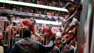 May 1, 2014; Atlanta, GA, USA; Atlanta Hawks players take the court for pre game warm ups before their game against the Indiana Pacers in game six of the first round of the 2014 NBA Playoffs at Philips Arena. Mandatory Credit: Jason Getz-USA TODAY Sports