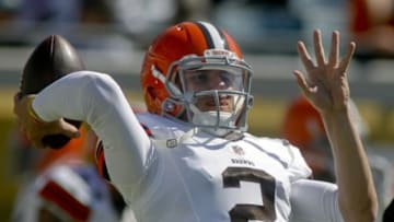 Oct 19, 2014; Jacksonville, FL, USA; Cleveland Browns quarterback Johnny Manziel (2) throws before the start of their game against the Jacksonville Jaguars at EverBank Field. Mandatory Credit: Phil Sears-USA TODAY Sports