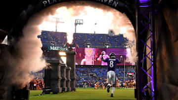 BALTIMORE, MD - AUGUST 08: Lamar Jackson #8 of the Baltimore Ravens is introduced prior to playing against the Jacksonville Jaguars in a preseason game at M&T Bank Stadium on August 8, 2019 in Baltimore, Maryland. (Photo by Will Newton/Getty Images)