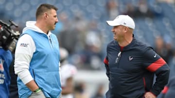Tennessee Titans head coach Mike Vrabel and Texans Head Coach Bill O’Brien talks before the game at Nissan Stadium in Nashville, Tenn., Sunday, Dec. 15, 2019.Gw47853