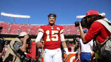 KANSAS CITY, MO - SEPTEMBER 23: Kansas City Chiefs quarterback Patrick Mahomes (15) smiled as he walked off the field at Arrowhead Stadium following a 38-27 victory over the San Francisco 49ers on September 23, 2018 in Kansas City, Missouri. (Photo by David Eulitt / Getty Images)