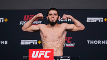 LAS VEGAS, NEVADA - JULY 16: In this UFC handout, Islam Makhachev poses on the scale during the UFC Fight Night weigh-in at UFC APEX on July 16, 2021 in Las Vegas, Nevada. (Photo by Jeff Bottari/Zuffa LLC/Getty Images)