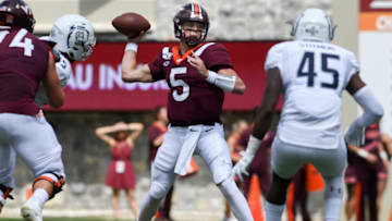 BLACKSBURG, VA - SEPTEMBER 7: Quarterback Ryan Willis #5 of the Virginia Tech Hokies looks to throw against the Old Dominion Monarchs in the second half at Lane Stadium on September 7, 2019 in Blacksburg, Virginia. (Photo by Michael Shroyer/Getty Images)