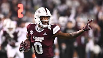 Auburn footballNov 5, 2022; Starkville, Mississippi, USA; Mississippi State Bulldogs wide receiver Rara Thomas (0) gestures during a run that would result in a touchdown against the Auburn Tigers during the fourth quarter at Davis Wade Stadium at Scott Field. Mandatory Credit: Matt Bush-USA TODAY Sports