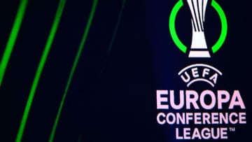 A photograph shows the logo during the draw for the UEFA Europa Conference League football tournament group stage 2022-2023 in Istanbul on August 26, 2022. (Photo by OZAN KOSE/AFP via Getty Images)