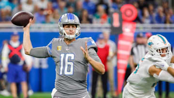 Detroit Lions quarterback Jared Goff (16) makes a pass against Miami Dolphins during the first half at Ford Field in Detroit on Sunday, Oct. 30, 2022.