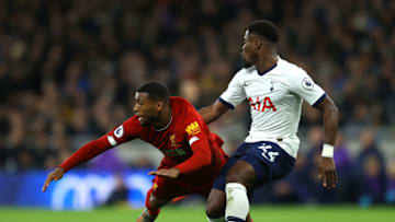 LONDON, ENGLAND - JANUARY 11: Georginio Wijnaldum of Liverpool battles for possession with Serge Aurier of Tottenham Hotspur during the Premier League match between Tottenham Hotspur and Liverpool FC at Tottenham Hotspur Stadium on January 11, 2020 in London, United Kingdom. (Photo by Richard Heathcote/Getty Images)