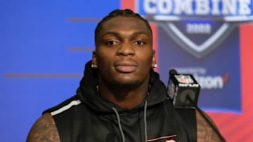 Mar 4, 2022; Indianapolis, IN, USA; Oklahoma defensive lineman Perrion Winfrey (DL23) talks to the media during the 2022 NFL Combine. Mandatory Credit: Trevor Ruszkowski-USA TODAY Sports