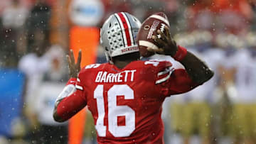 Sep 10, 2016; Columbus, OH, USA; Ohio State Buckeyes quarterback J.T. Barrett (16) throws a pass in the second half against the Tulsa Golden Hurricane at Ohio Stadium. Ohio State won 48-3. Mandatory Credit: Aaron Doster-USA TODAY Sports