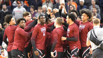 CHARLOTTESVILLE, VA - DECEMBER 22: The South Carolina Gamecocks huddle before a college basketball game against the Virginia Cavaliers at John Paul Jones Arena on December 22, 2019 in Charlottesville, Virginia. (Photo by Mitchell Layton/Getty Images) *** Local Caption ***