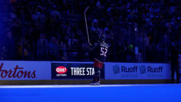 COLUMBUS, OHIO - APRIL 13: Third Star of the game Emil Bemstrom #52 of the Columbus Blue Jackets after the game against the Pittsburgh Penguins at Nationwide Arena on April 13, 2023 in Columbus, Ohio. (Photo by Jason Mowry/Getty Images)