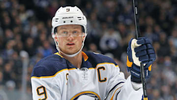 TORONTO, ON - NOVEMBER 30: Jack Eichel #9 of the Buffalo Sabres gets set for a faceoff against the Toronto Maple Leafs during an NHL game at Scotiabank Arena on November 30, 2019 in Toronto, Ontario, Canada. The Maple Leafs defeated the Sabres 2-1 in overtime. (Photo by Claus Andersen/Getty Images)