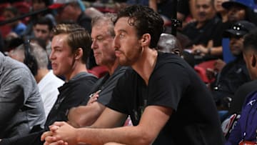 LAS VEGAS, NV - JULY 11: Frank Kaminsky #44 of the Charlotte Hornets attends a game between the Charlotte Hornets and Golden State Warriors during the 2018 Las Vegas Summer League on July 11, 2018 at the Thomas & Mack Center in Las Vegas, Nevada. NOTE TO USER: User expressly acknowledges and agrees that, by downloading and/or using this Photograph, user is consenting to the terms and conditions of the Getty Images License Agreement. Mandatory Copyright Notice: Copyright 2018 NBAE (Photo by Garrett Ellwood/NBAE via Getty Images)