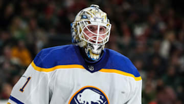 Dec 16, 2021; Saint Paul, Minnesota, USA; Buffalo Sabres goaltender Ukko-Pekka Luukkonen (1) looks on against the Minnesota Wild in the second period at Xcel Energy Center. Mandatory Credit: David Berding-USA TODAY Sports
